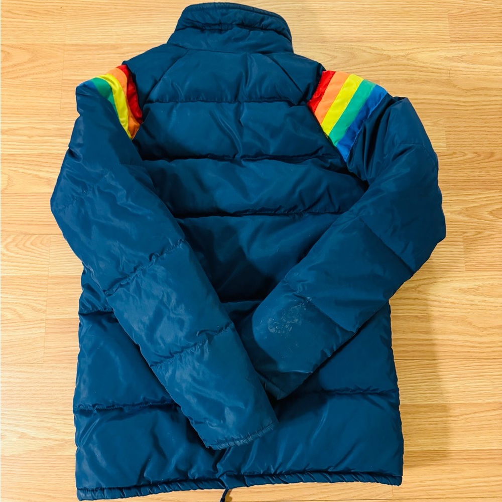 Vintage 70s Prime North Navy Blue Rainbow Stripe Ski Winter Down Jacket VGUC Sm - Picture 10 of 16